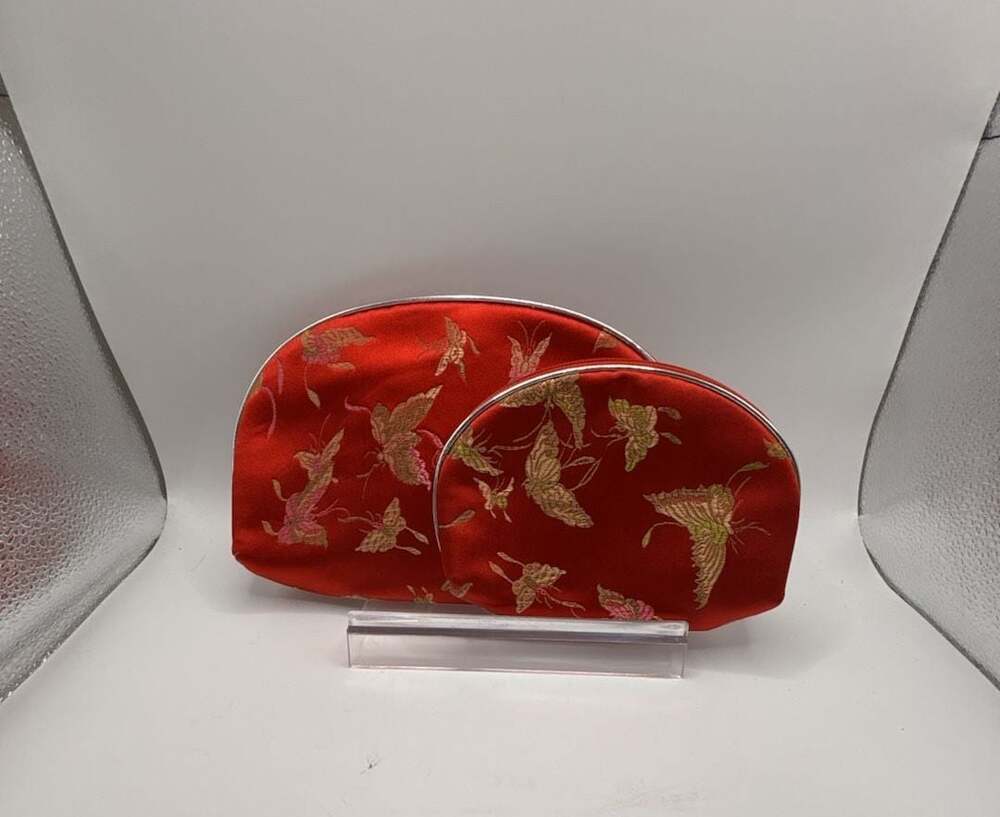 Set of 2 Red Satin Embroidered Butterfly Makeup Bags